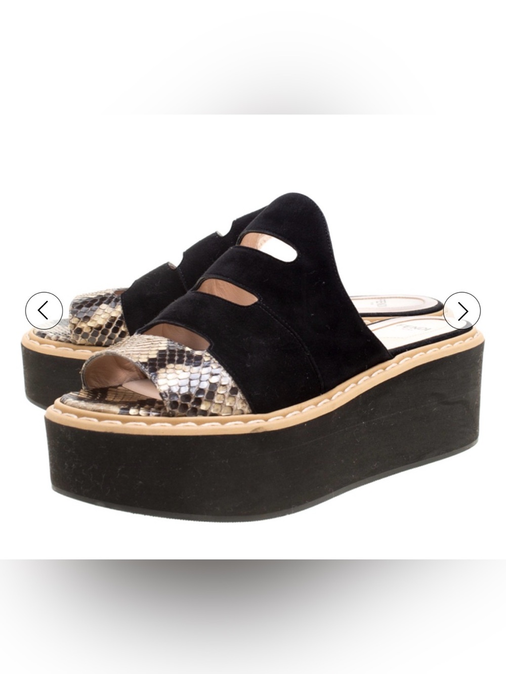 Fendi Black Python leather Suede Flowerland Runway platform slides size 37 Shoes